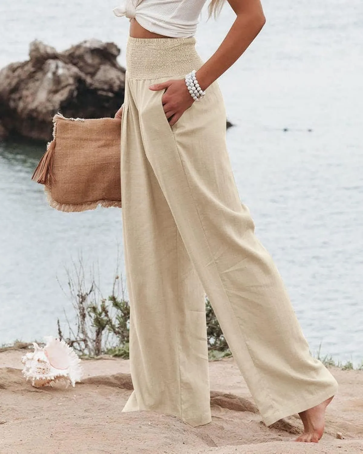 Mmoneyake Women's Linen Palazzo Pants Casual High Waist Wide Leg Flowy Pants Summer Loose Lounge Beach Trousers with Pockets