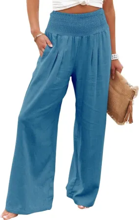 Mmoneyake Women's Linen Palazzo Pants Casual High Waist Wide Leg Flowy Pants Summer Loose Lounge Beach Trousers with Pockets