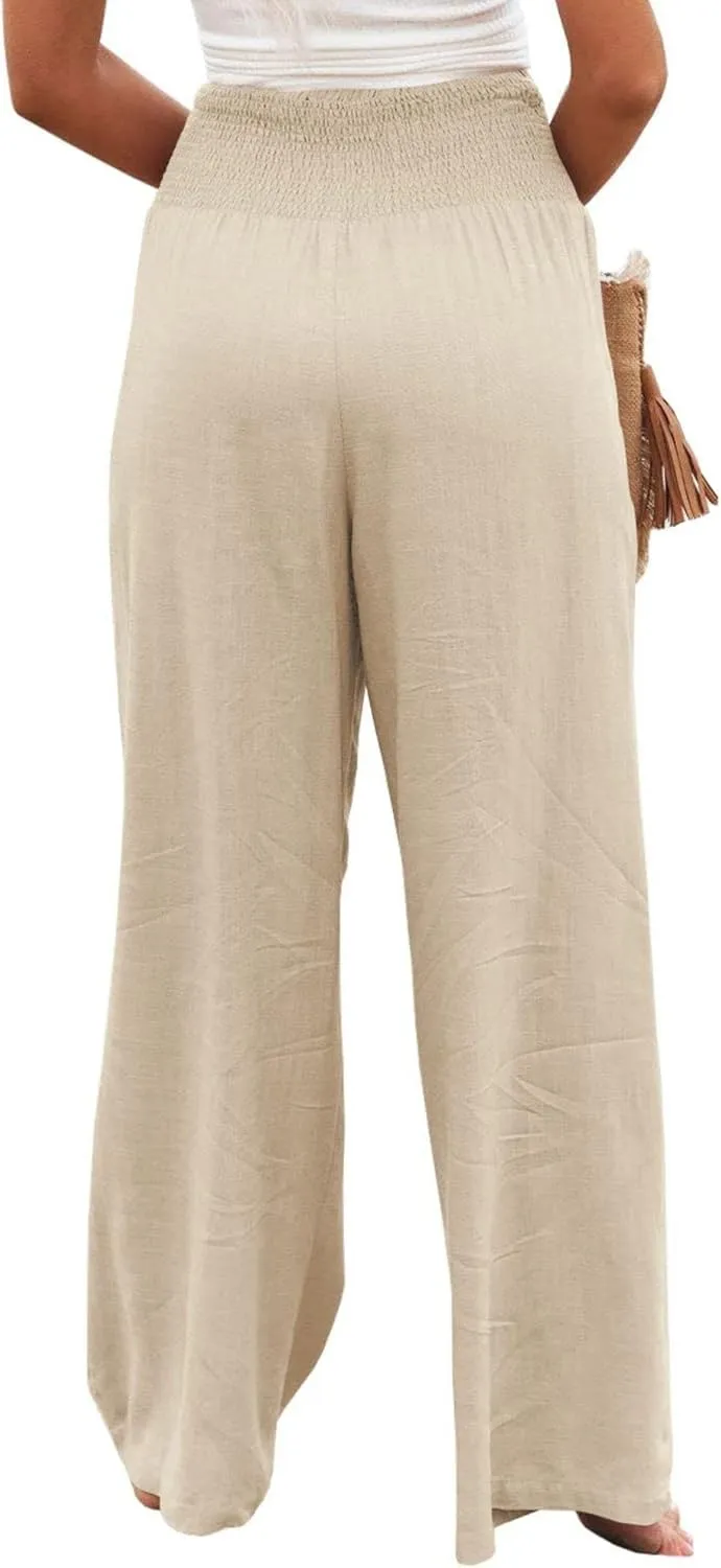 Mmoneyake Women's Linen Palazzo Pants Casual High Waist Wide Leg Flowy Pants Summer Loose Lounge Beach Trousers with Pockets