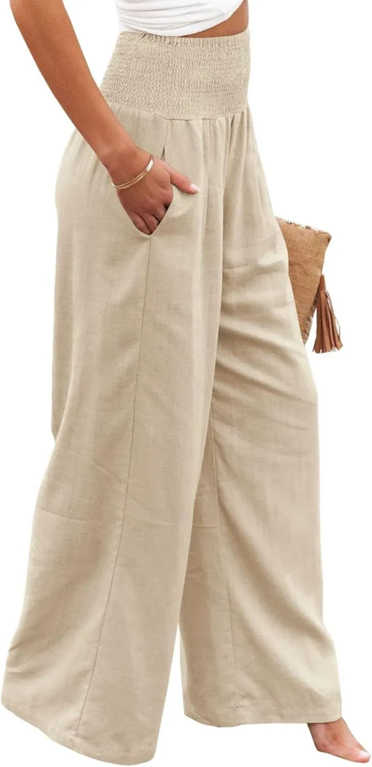 Mmoneyake Women's Linen Palazzo Pants Casual High Waist Wide Leg Flowy Pants Summer Loose Lounge Beach Trousers with Pockets