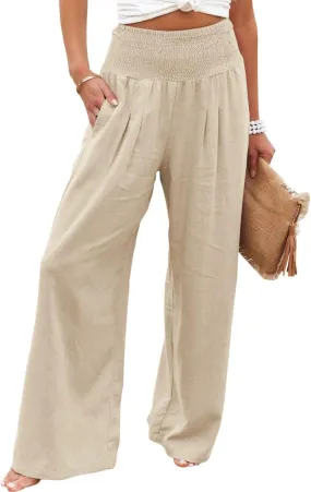 Mmoneyake Women's Linen Palazzo Pants Casual High Waist Wide Leg Flowy Pants Summer Loose Lounge Beach Trousers with Pockets