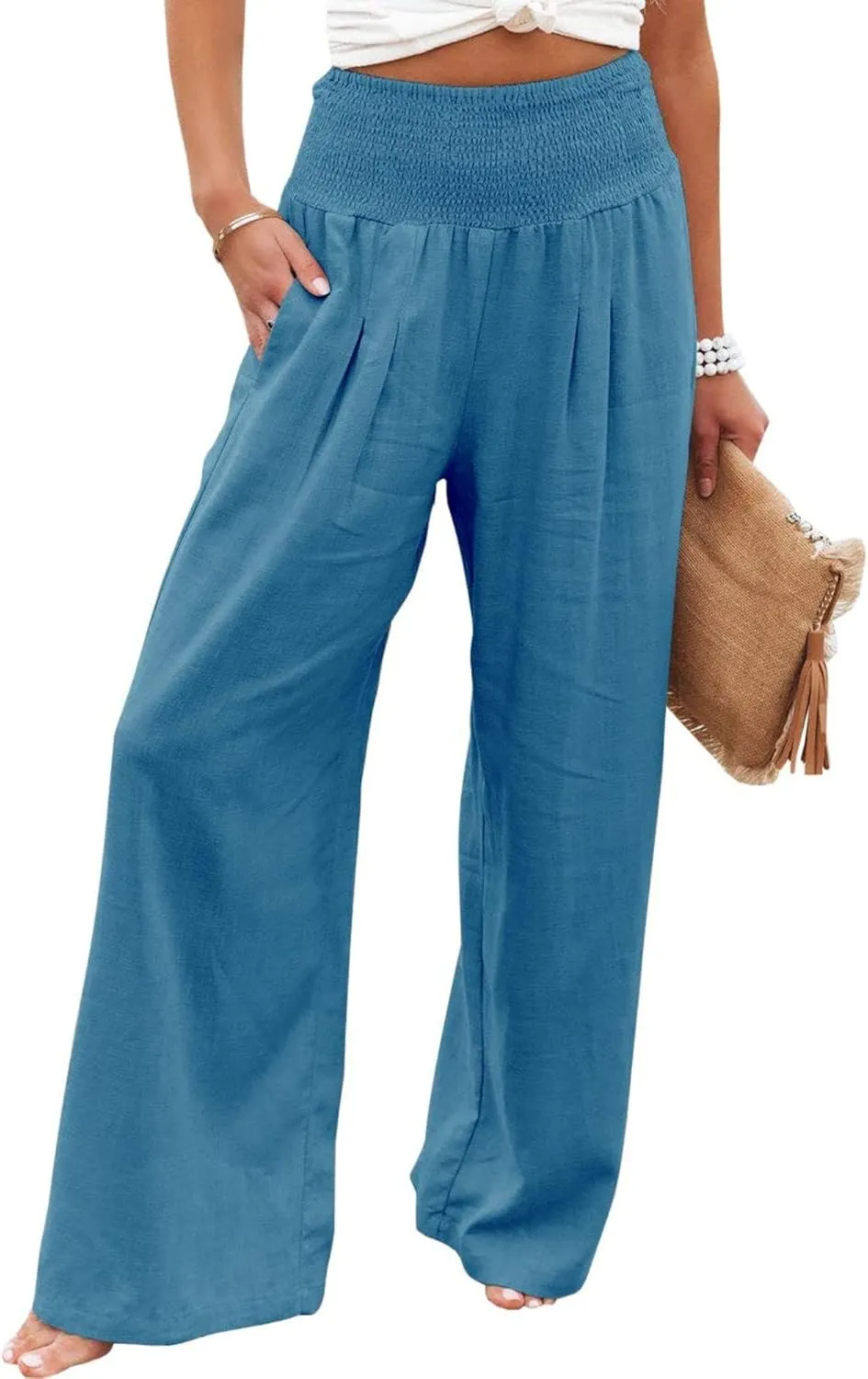 Mmoneyake Women's Linen Palazzo Pants Casual High Waist Wide Leg Flowy Pants Summer Loose Lounge Beach Trousers with Pockets