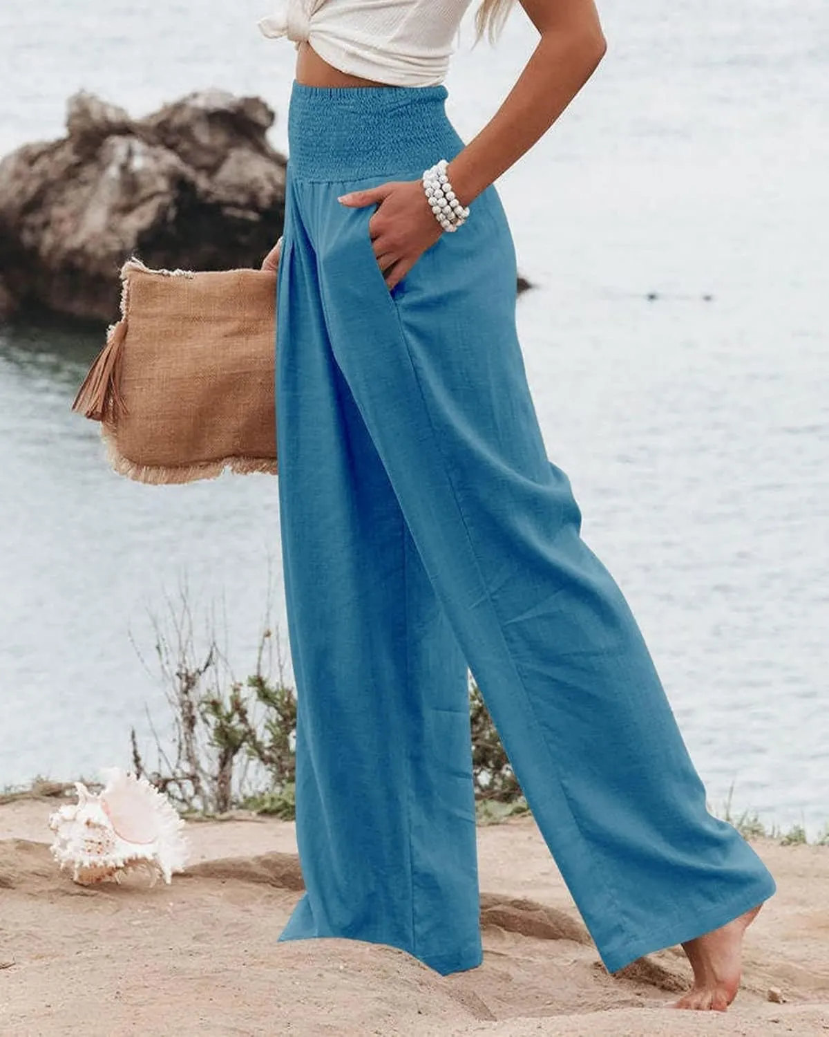 Mmoneyake Women's Linen Palazzo Pants Casual High Waist Wide Leg Flowy Pants Summer Loose Lounge Beach Trousers with Pockets
