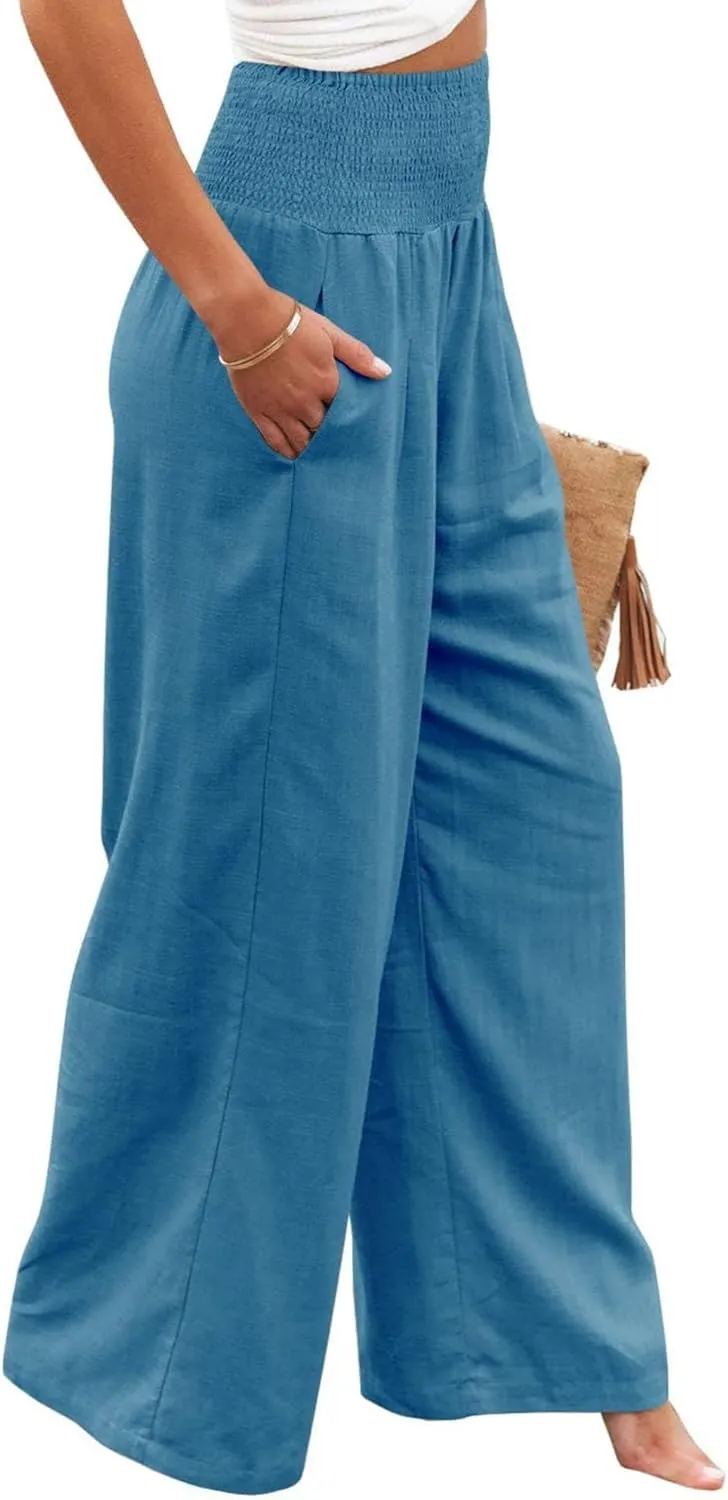 Mmoneyake Women's Linen Palazzo Pants Casual High Waist Wide Leg Flowy Pants Summer Loose Lounge Beach Trousers with Pockets