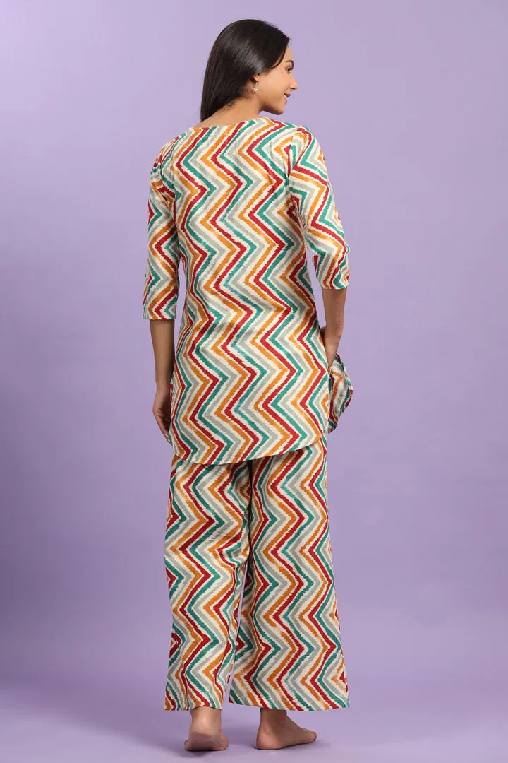 Multicoloured Zigzag Lehariya On Off white Cotton Palazzo Loungewear Set