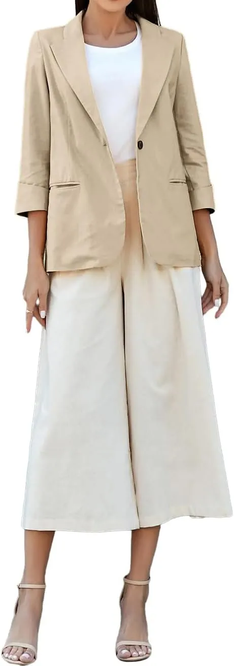 Mywinway Womens Casual 3/4 Sleeve Lightweight Summer Spring Cotton Linen Blazer Jackets