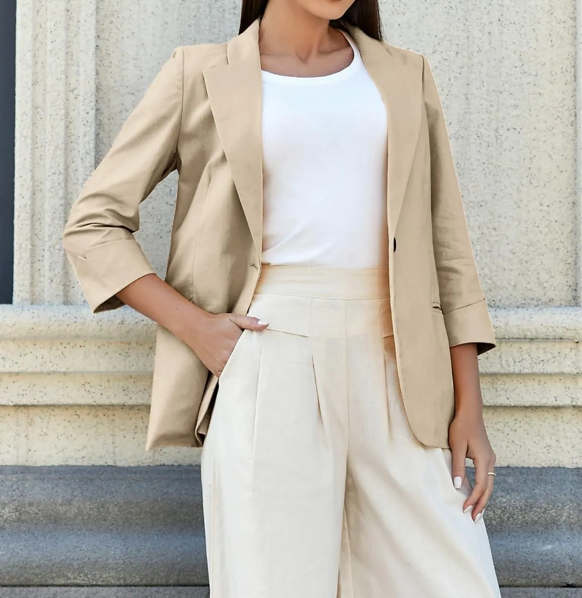 Mywinway Womens Casual 3/4 Sleeve Lightweight Summer Spring Cotton Linen Blazer Jackets