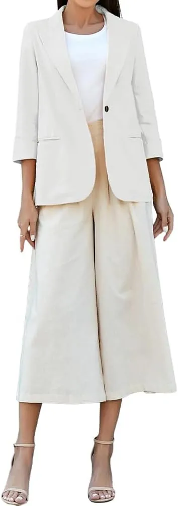 Mywinway Womens Casual 3/4 Sleeve Lightweight Summer Spring Cotton Linen Blazer Jackets
