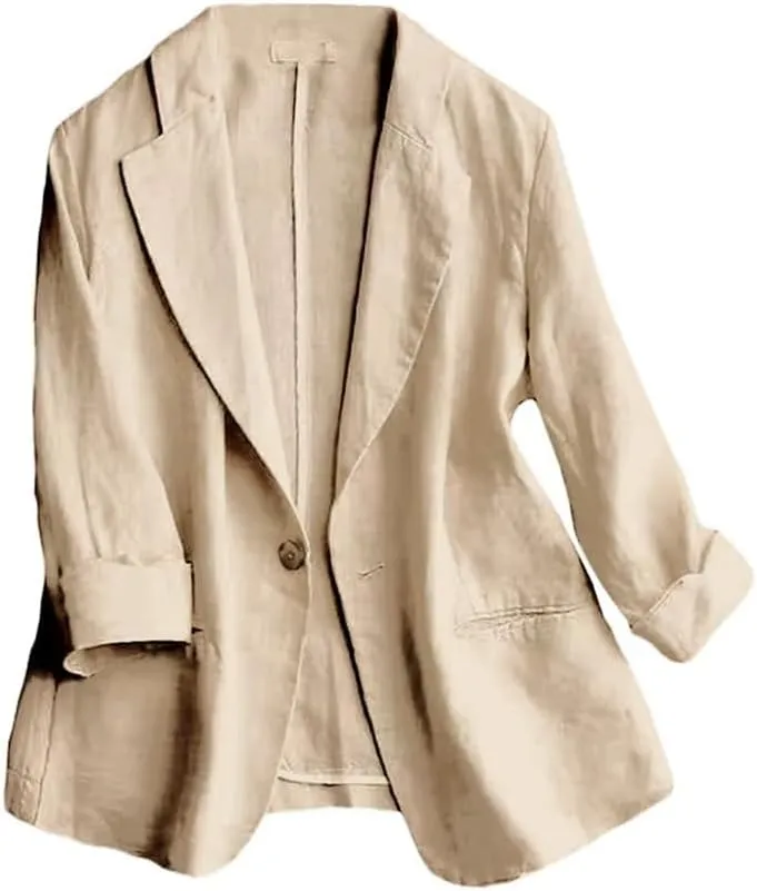 Mywinway Womens Casual 3/4 Sleeve Lightweight Summer Spring Cotton Linen Blazer Jackets