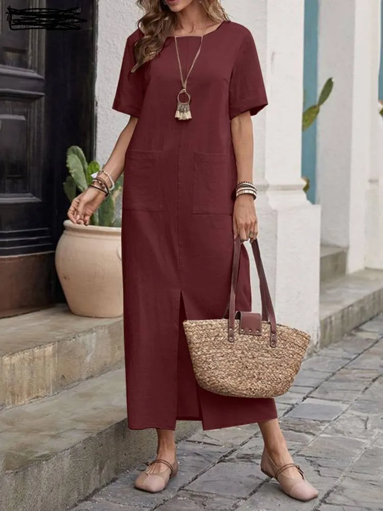Nsquared Women Casual O Neck Solid Midi Dress | Short Sleeve Split Hem Sundress | Robe Femme Casual Party Vestido