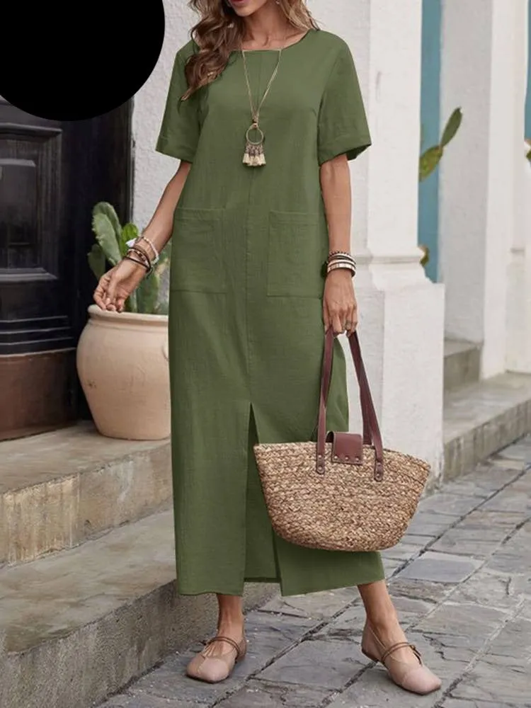 Nsquared Women Casual O Neck Solid Midi Dress | Short Sleeve Split Hem Sundress | Robe Femme Casual Party Vestido