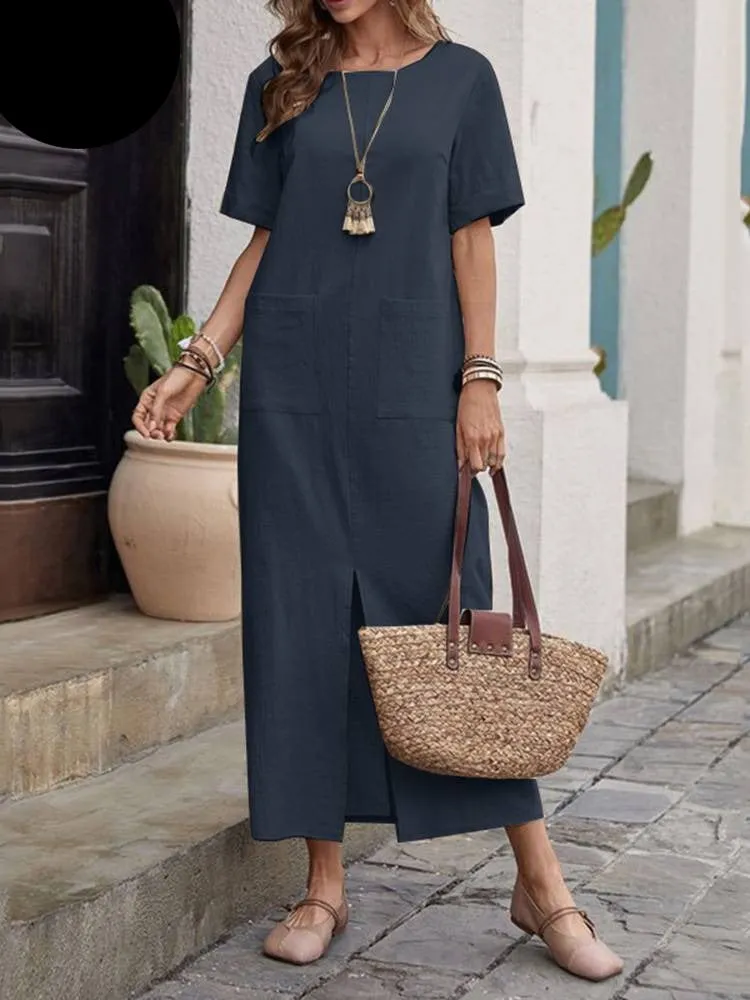 Nsquared Women Casual O Neck Solid Midi Dress | Short Sleeve Split Hem Sundress | Robe Femme Casual Party Vestido