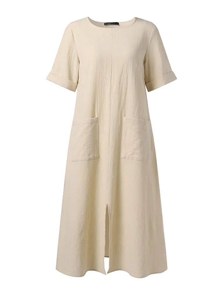 Nsquared Women Casual O Neck Solid Midi Dress | Short Sleeve Split Hem Sundress | Robe Femme Casual Party Vestido