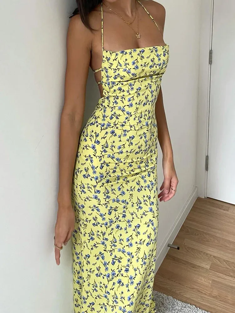 Nukty Lace Up Halter Floral Long Dress For Women Backless Bodycon Midi Dress Sexy Party Club Outfit Streetwear Sundress Summer