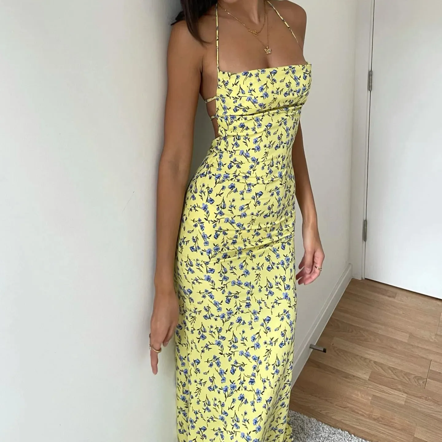 Nukty Lace Up Halter Floral Long Dress For Women Backless Bodycon Midi Dress Sexy Party Club Outfit Streetwear Sundress Summer