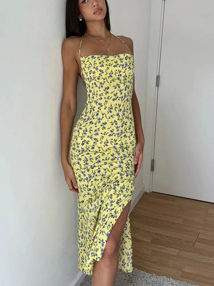 Nukty Lace Up Halter Floral Long Dress For Women Backless Bodycon Midi Dress Sexy Party Club Outfit Streetwear Sundress Summer