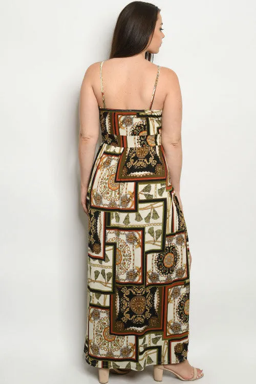 Olive Green Chain Print Plus Size Maxi Dress