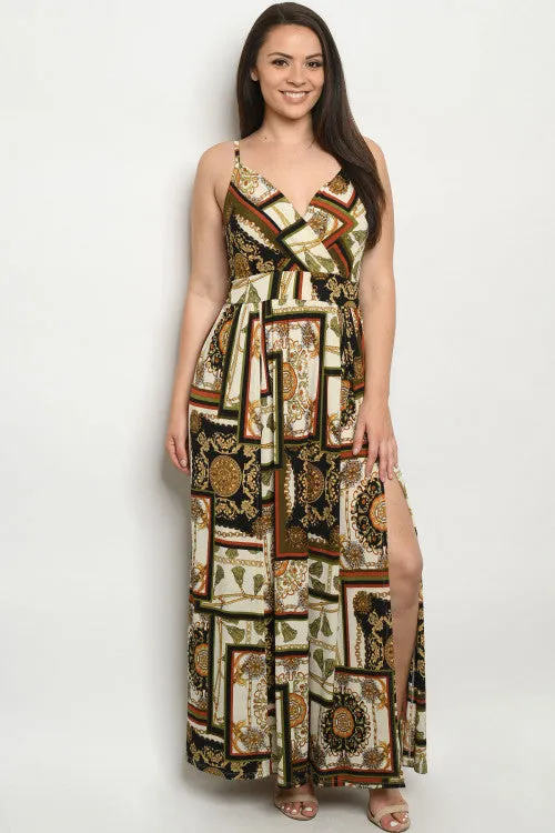 Olive Green Chain Print Plus Size Maxi Dress