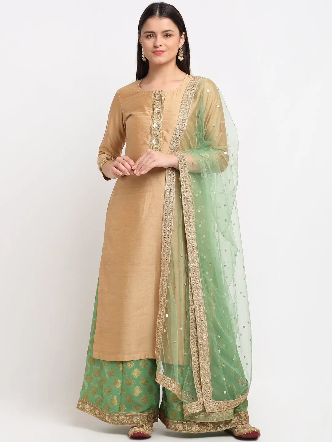 Pistachio Gold Kurti with Kalidaar Palazzo and Sequenced Net Dupatta