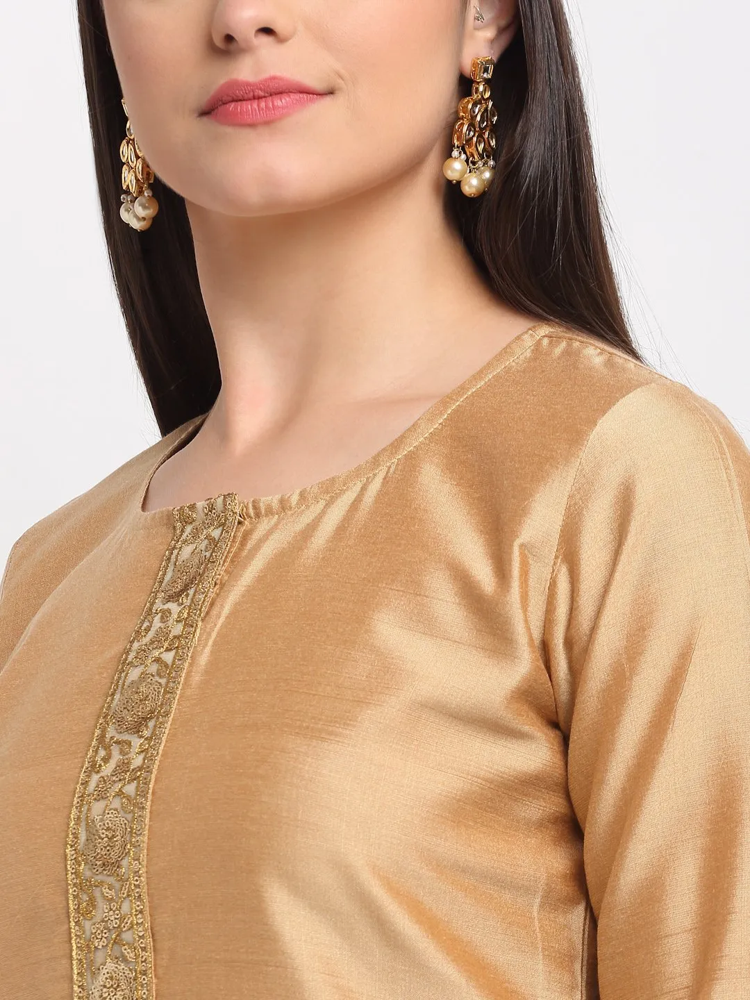 Pistachio Gold Kurti with Kalidaar Palazzo and Sequenced Net Dupatta