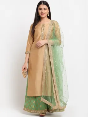 Pistachio Gold Kurti with Kalidaar Palazzo and Sequenced Net Dupatta
