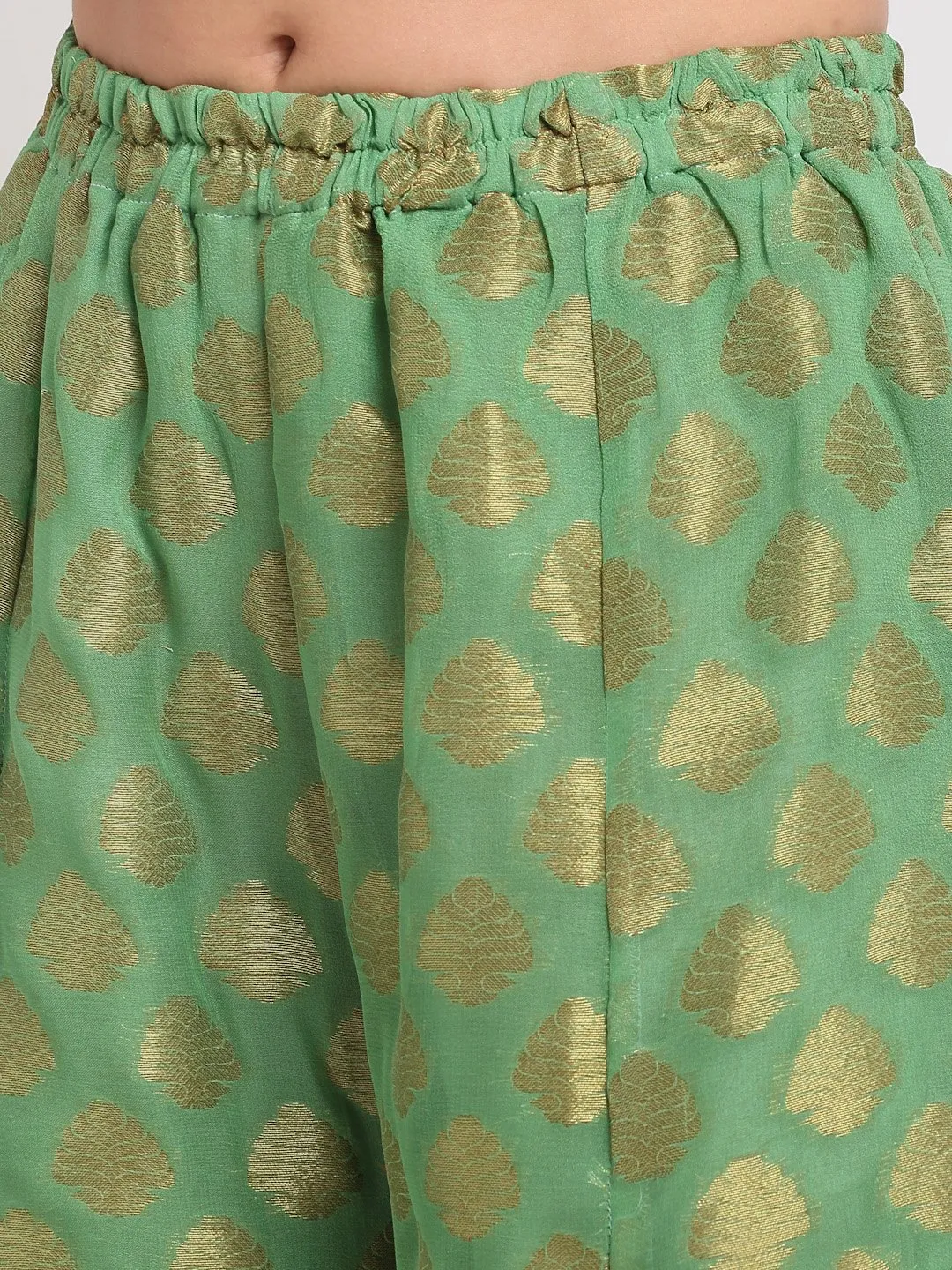 Pistachio Gold Kurti with Kalidaar Palazzo and Sequenced Net Dupatta
