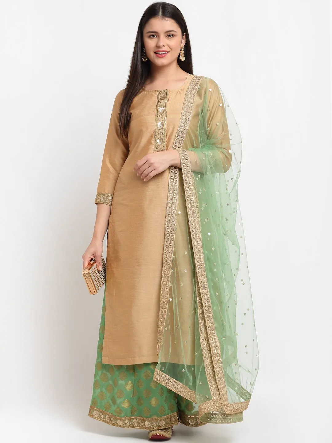 Pistachio Gold Kurti with Kalidaar Palazzo and Sequenced Net Dupatta
