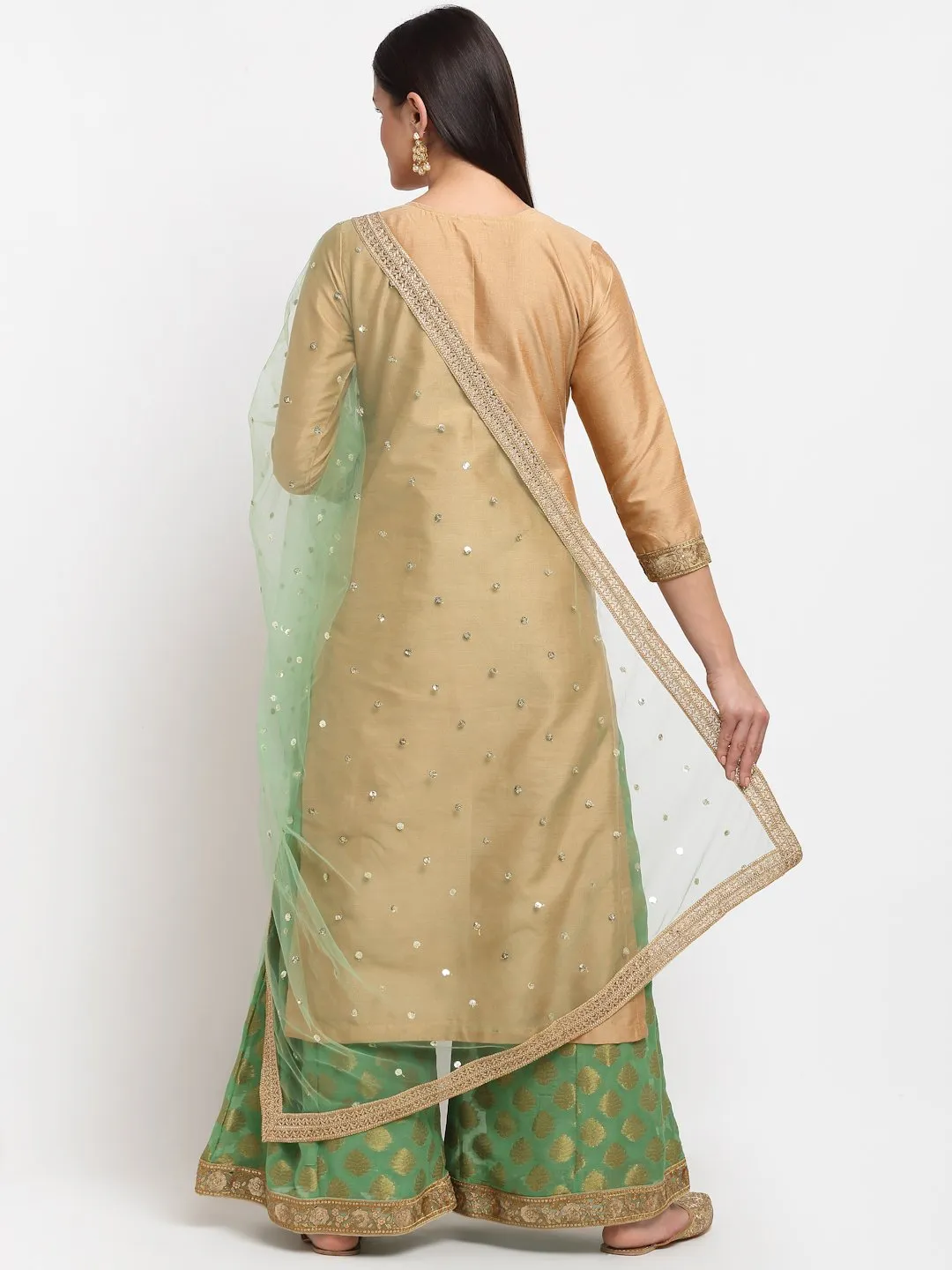 Pistachio Gold Kurti with Kalidaar Palazzo and Sequenced Net Dupatta