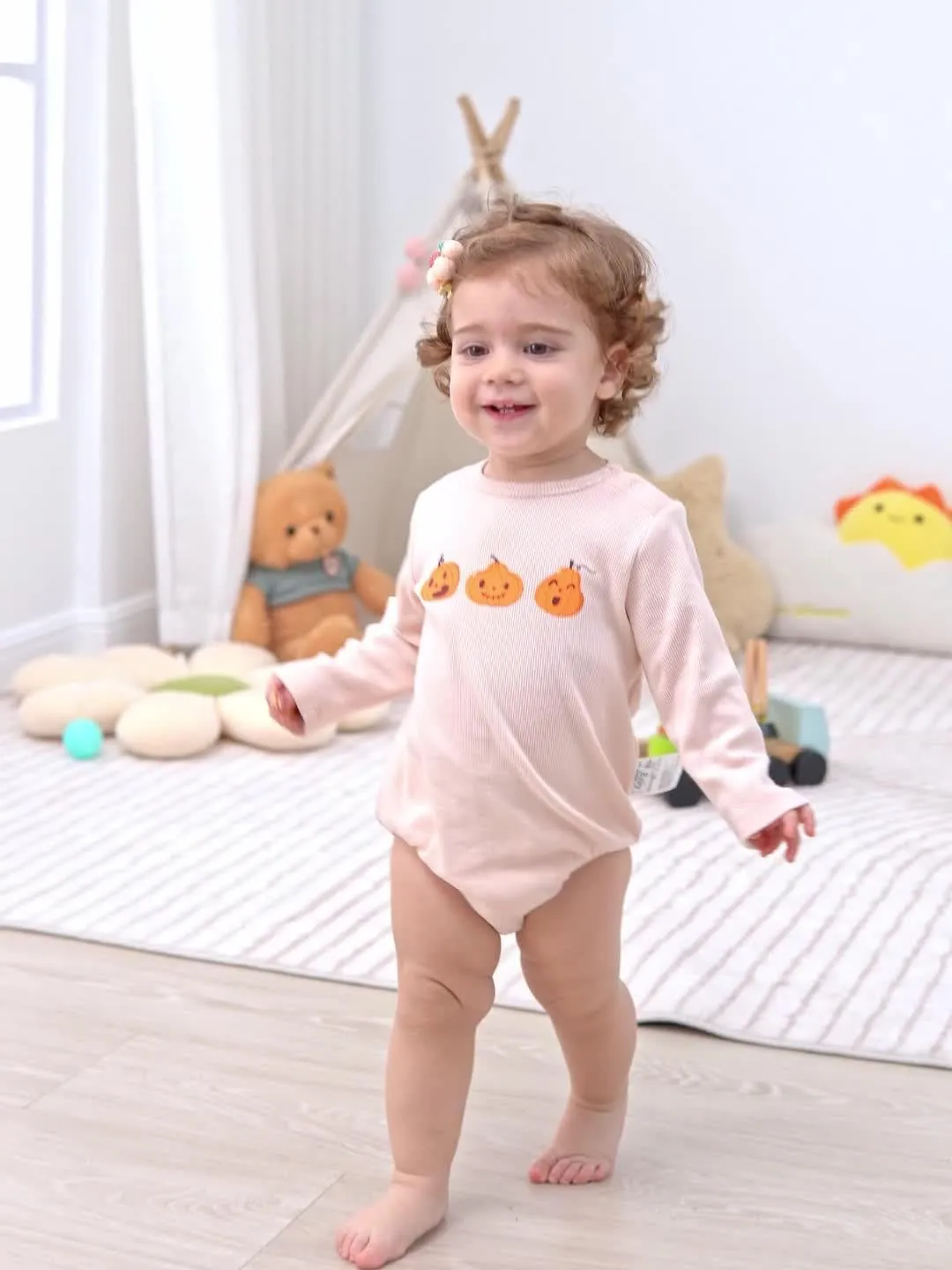 Plant-Dyed Organic Baby Girl Long Sleeve Pumpkin Bodysuit Halloween Baby Romper Clothes