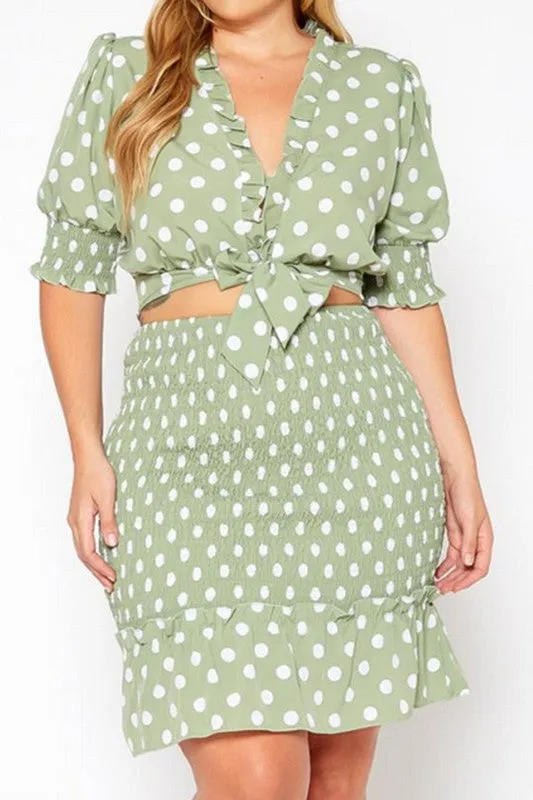 Plus Size Polka Dot Print Crop Top &Mini Skirt Set