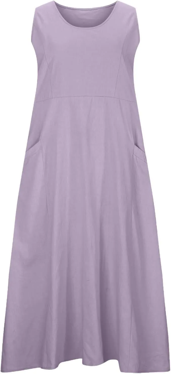 Plus Size Summer Dresses for Women 2025 Casual Plain Sleeveless Linen Tank Dress Beach Sun Dresses with Pockets
