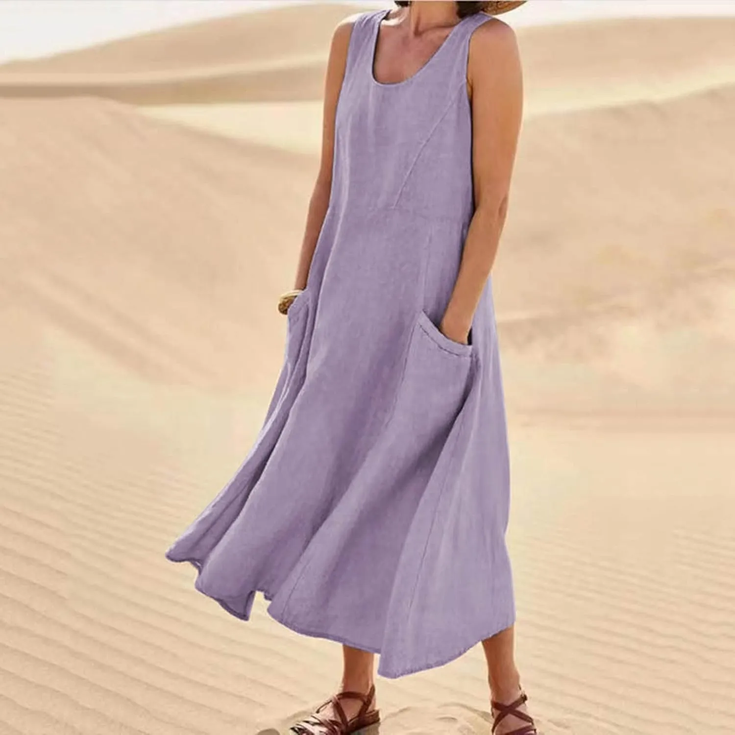 Plus Size Summer Dresses for Women 2025 Casual Plain Sleeveless Linen Tank Dress Beach Sun Dresses with Pockets