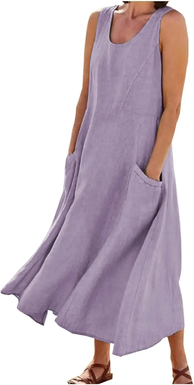 Plus Size Summer Dresses for Women 2025 Casual Plain Sleeveless Linen Tank Dress Beach Sun Dresses with Pockets