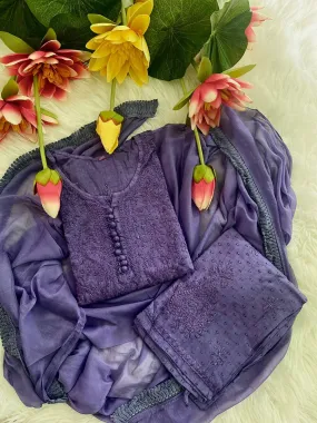 Purple Lucknow Chikankari Hand Work Dobby Cotton Tone-to-Tone 3-Piece Co-ord Palazzo Set with Chiffon Dupatta