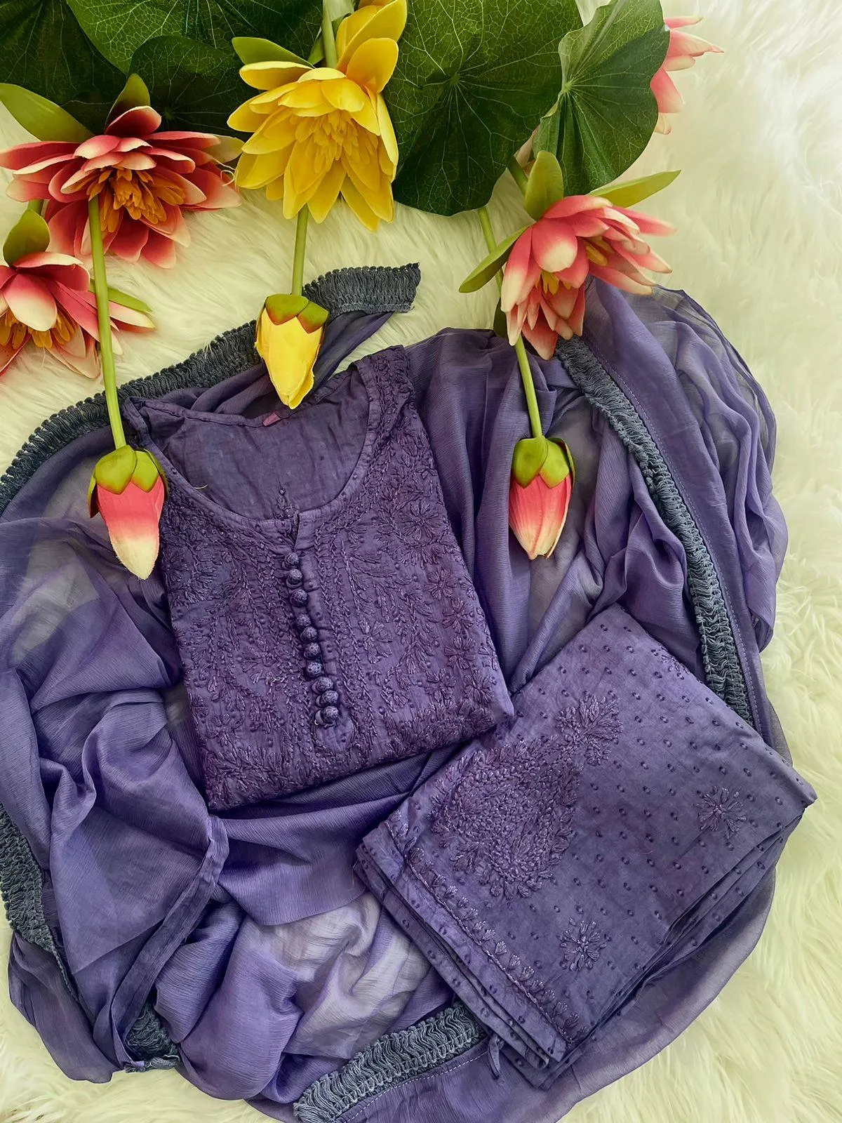 Purple Lucknow Chikankari Hand Work Dobby Cotton Tone-to-Tone 3-Piece Co-ord Palazzo Set with Chiffon Dupatta