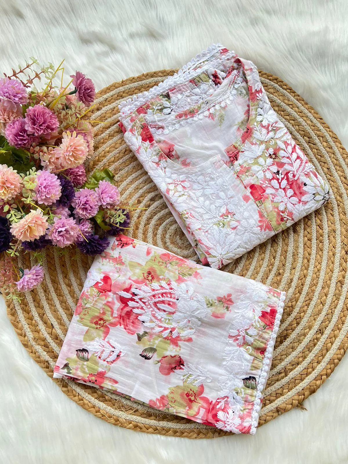 Red and Pista Lucknowi Chikankari Mul Mul Cotton Kurti and Palazzo Co-ord Set