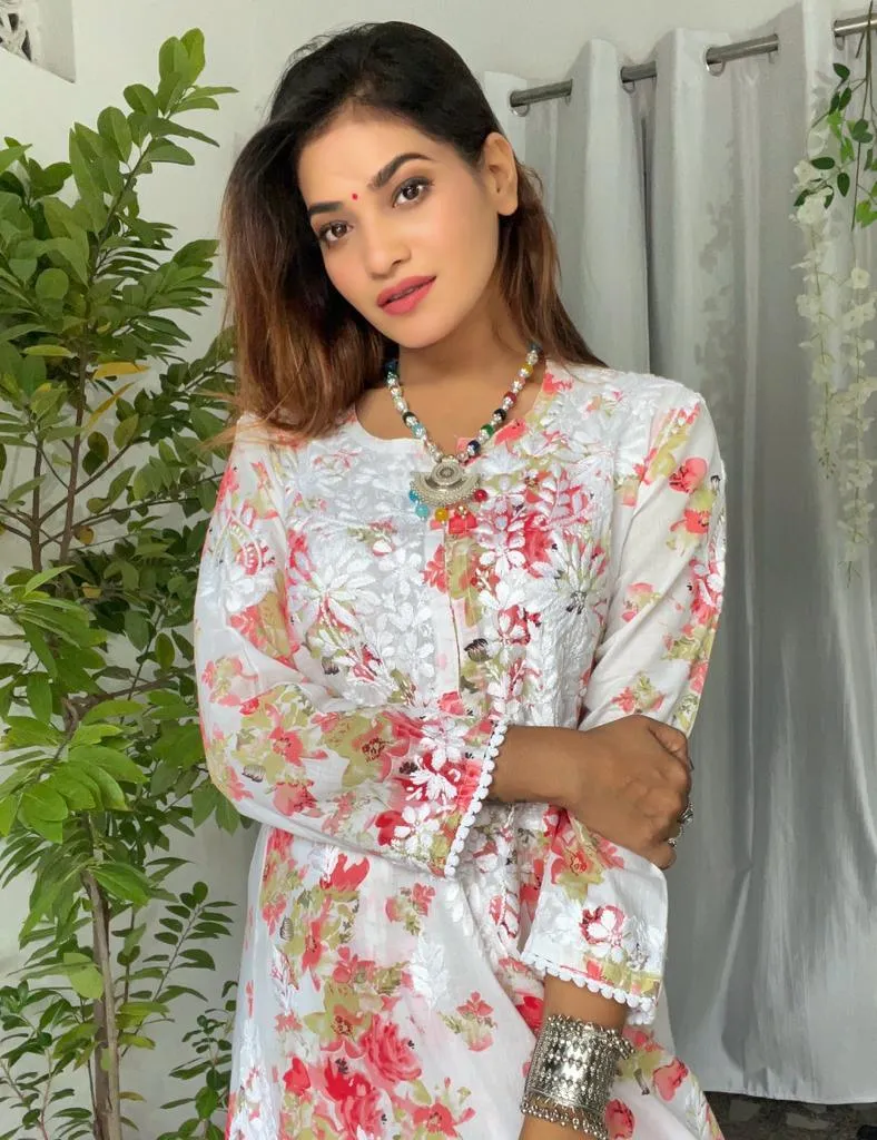 Red and Pista Lucknowi Chikankari Mul Mul Cotton Kurti and Palazzo Co-ord Set