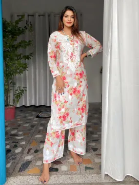 Red and Pista Lucknowi Chikankari Mul Mul Cotton Kurti and Palazzo Co-ord Set