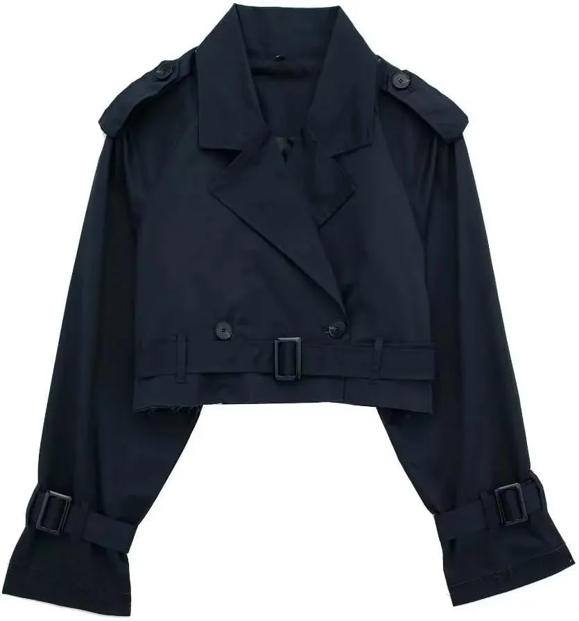 RICHTRUE Cropped Trench Coat Women Fall Coats 2024 Crop Jackets Y2k Belt Crop Trench Coat Jacket Trendy Lady Coat