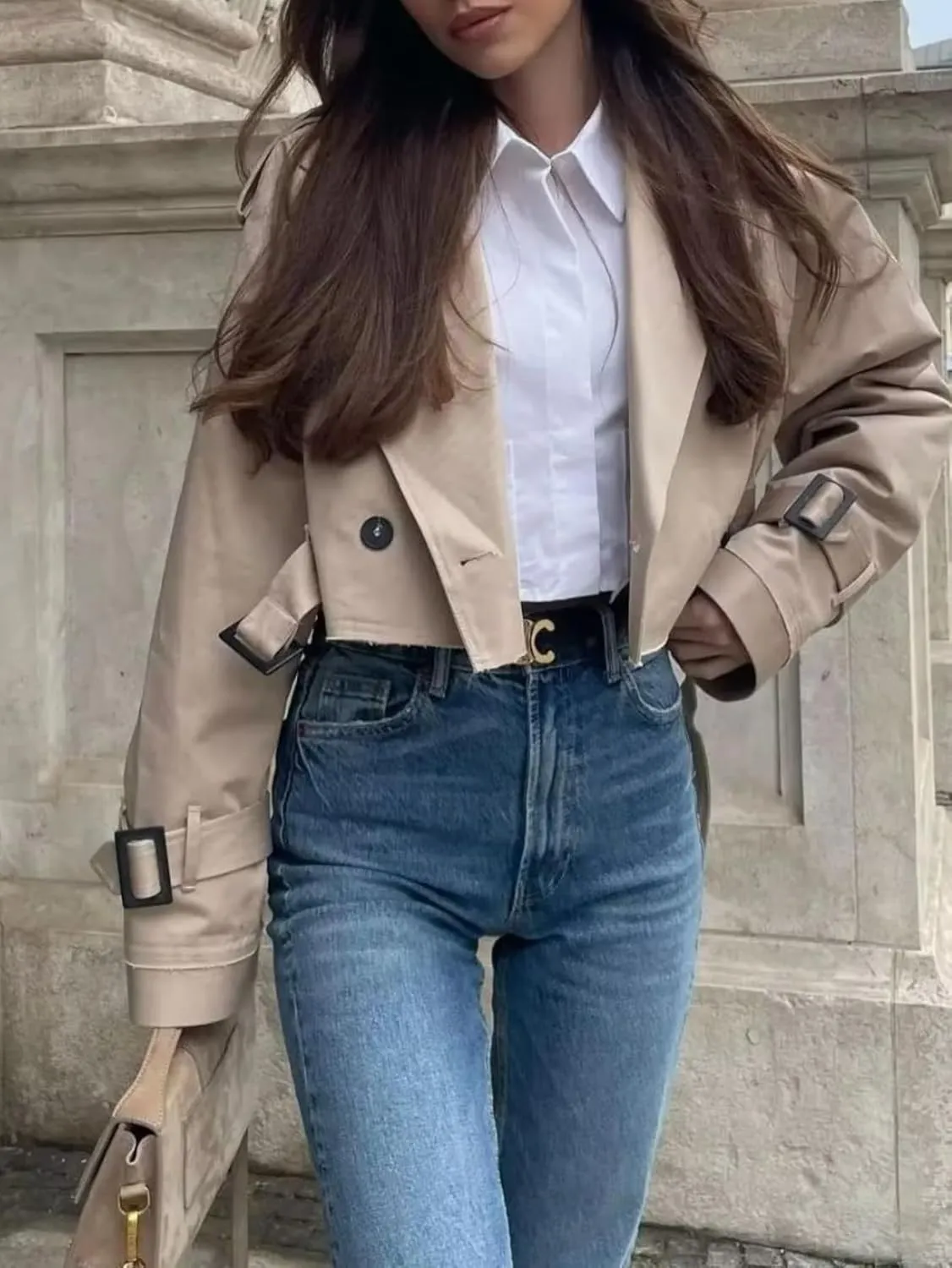 RICHTRUE Cropped Trench Coat Women Fall Coats 2024 Crop Jackets Y2k Belt Crop Trench Coat Jacket Trendy Lady Coat