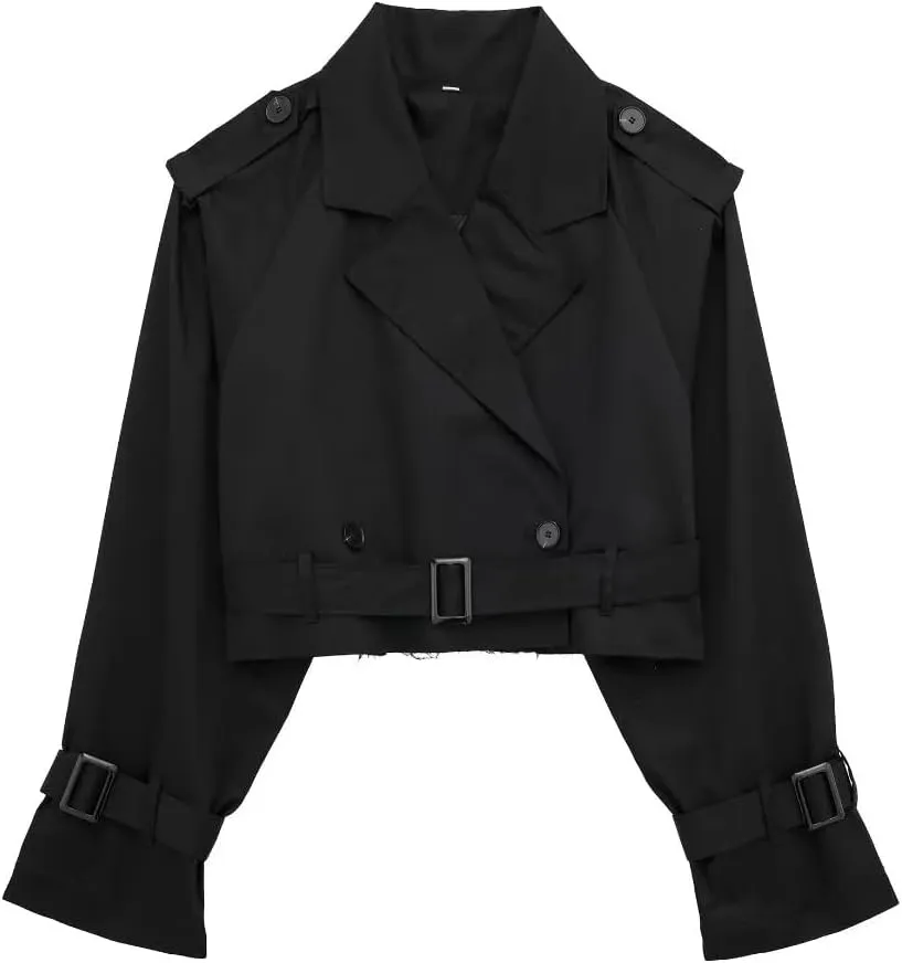 RICHTRUE Cropped Trench Coat Women Fall Coats 2024 Crop Jackets Y2k Belt Crop Trench Coat Jacket Trendy Lady Coat
