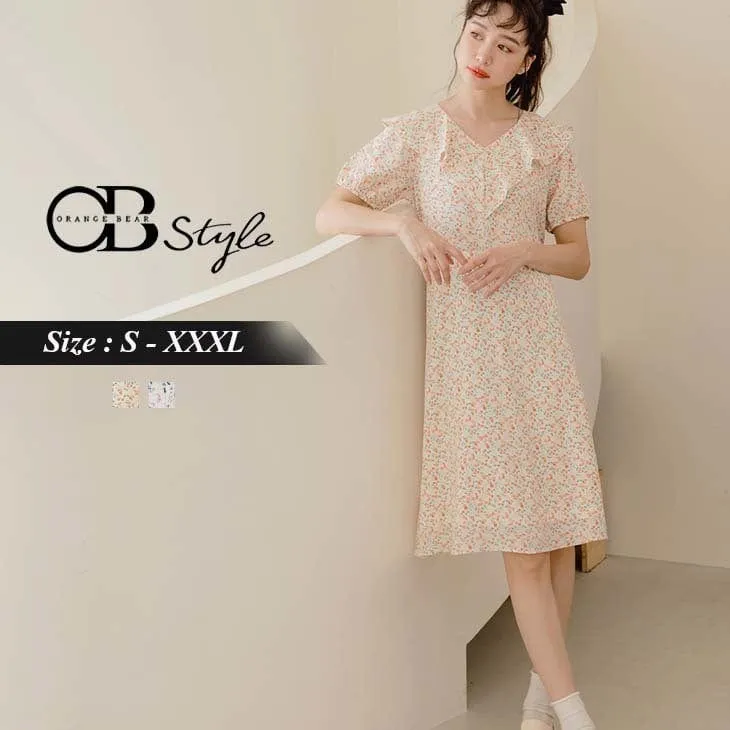RUFFLE COLLAR PRINTED V-NECK A-LINE MIDI DRESS