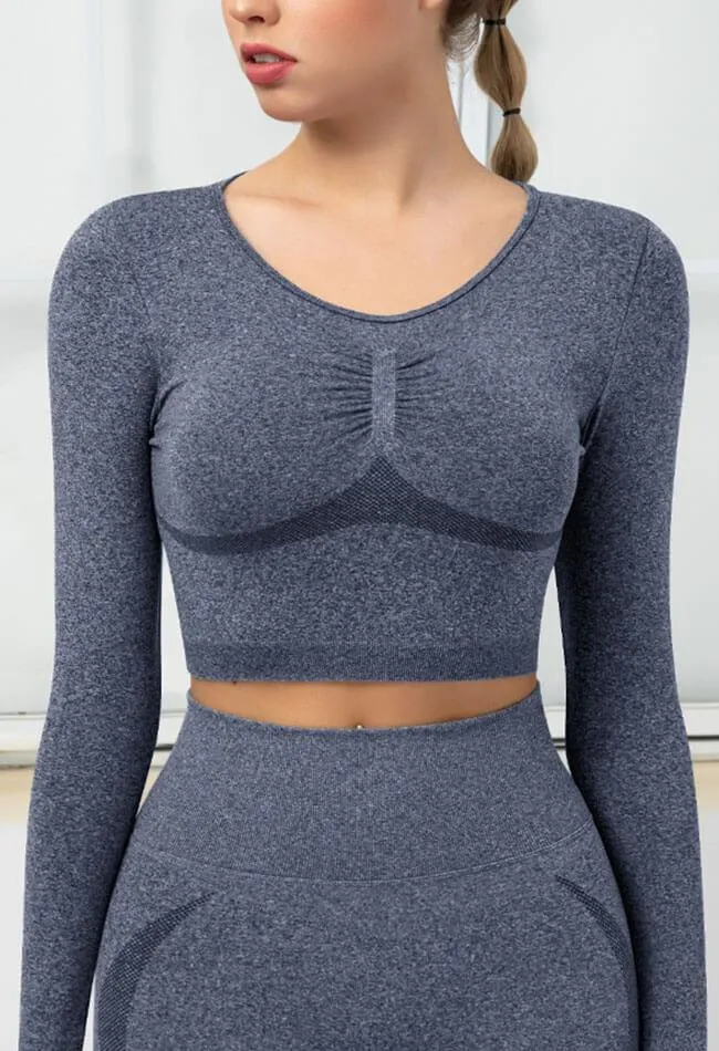 Seamless Folds Stretchy Slim Long Sleeve Crop Top - Terry