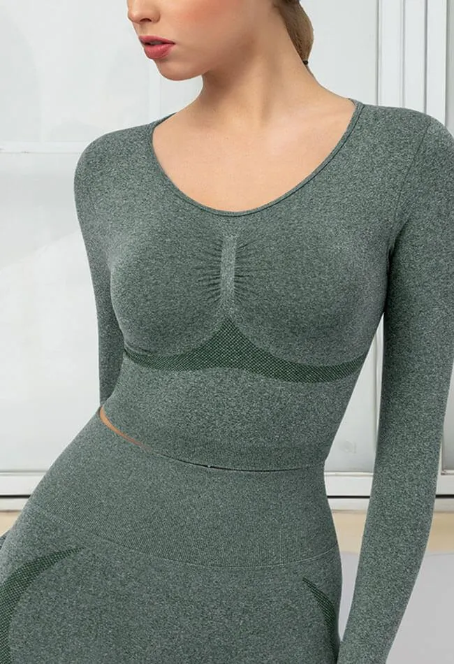 Seamless Folds Stretchy Slim Long Sleeve Crop Top - Terry