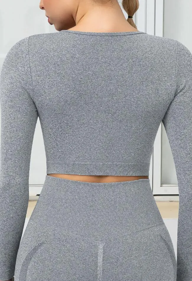 Seamless Folds Stretchy Slim Long Sleeve Crop Top - Terry