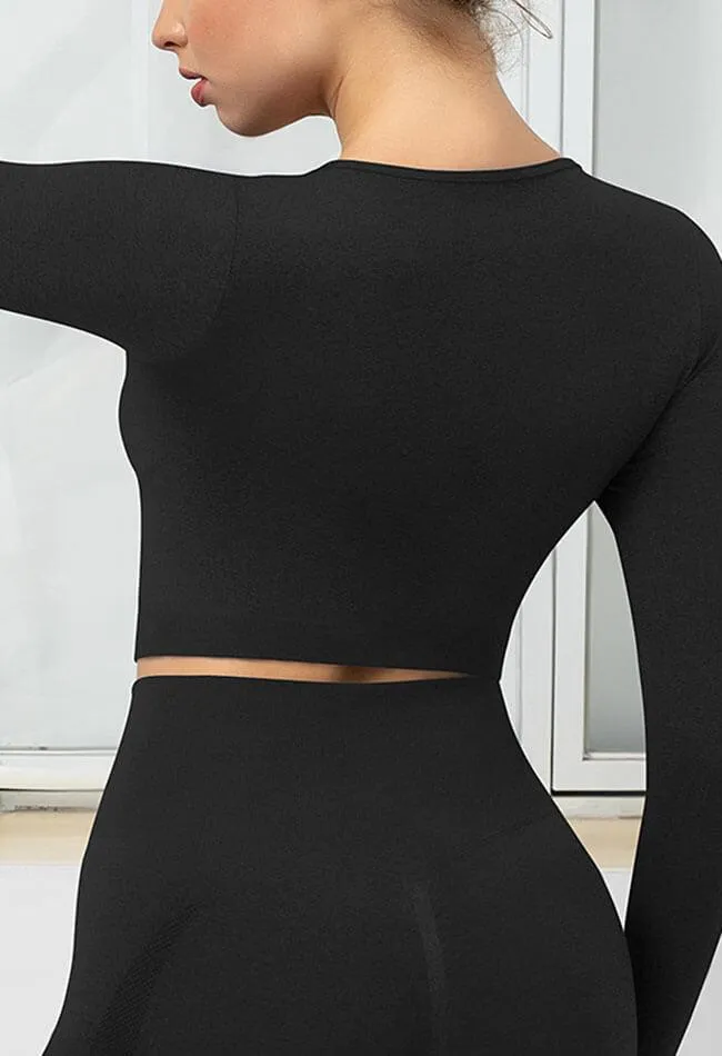 Seamless Folds Stretchy Slim Long Sleeve Crop Top - Terry