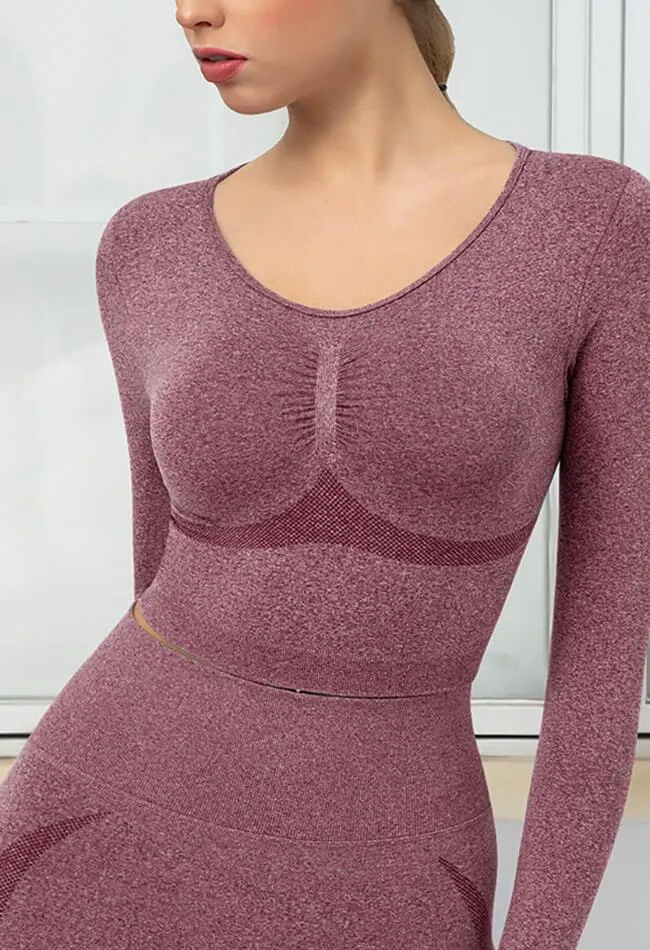 Seamless Folds Stretchy Slim Long Sleeve Crop Top - Terry