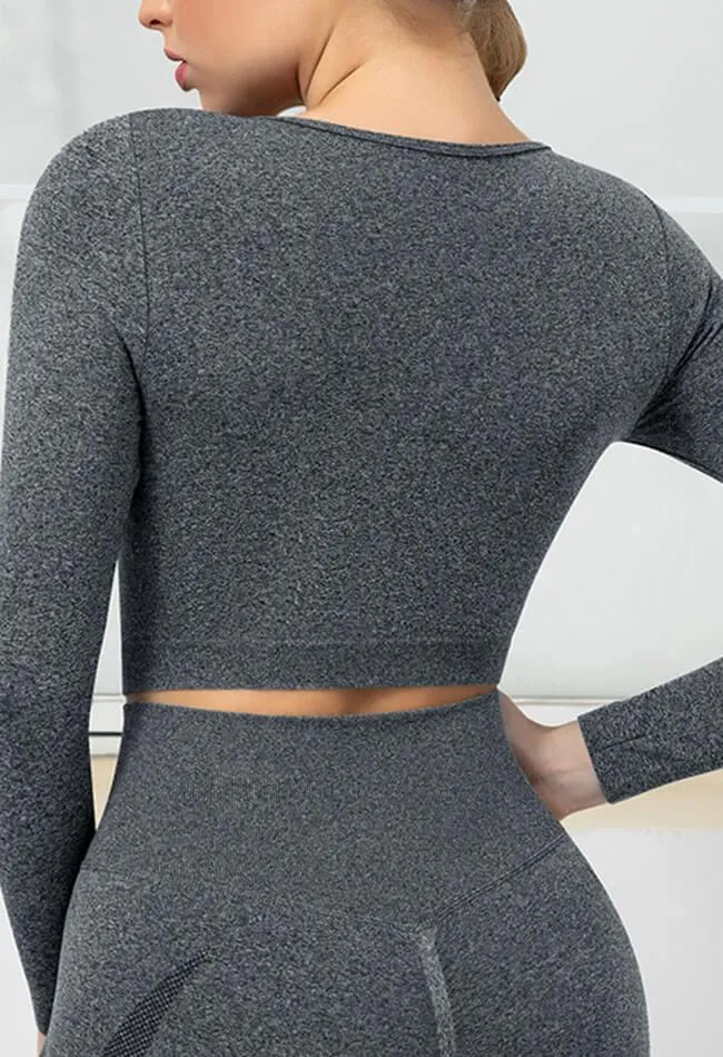 Seamless Folds Stretchy Slim Long Sleeve Crop Top - Terry