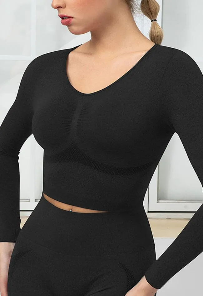 Seamless Folds Stretchy Slim Long Sleeve Crop Top - Terry