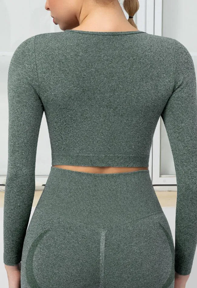 Seamless Folds Stretchy Slim Long Sleeve Crop Top - Terry